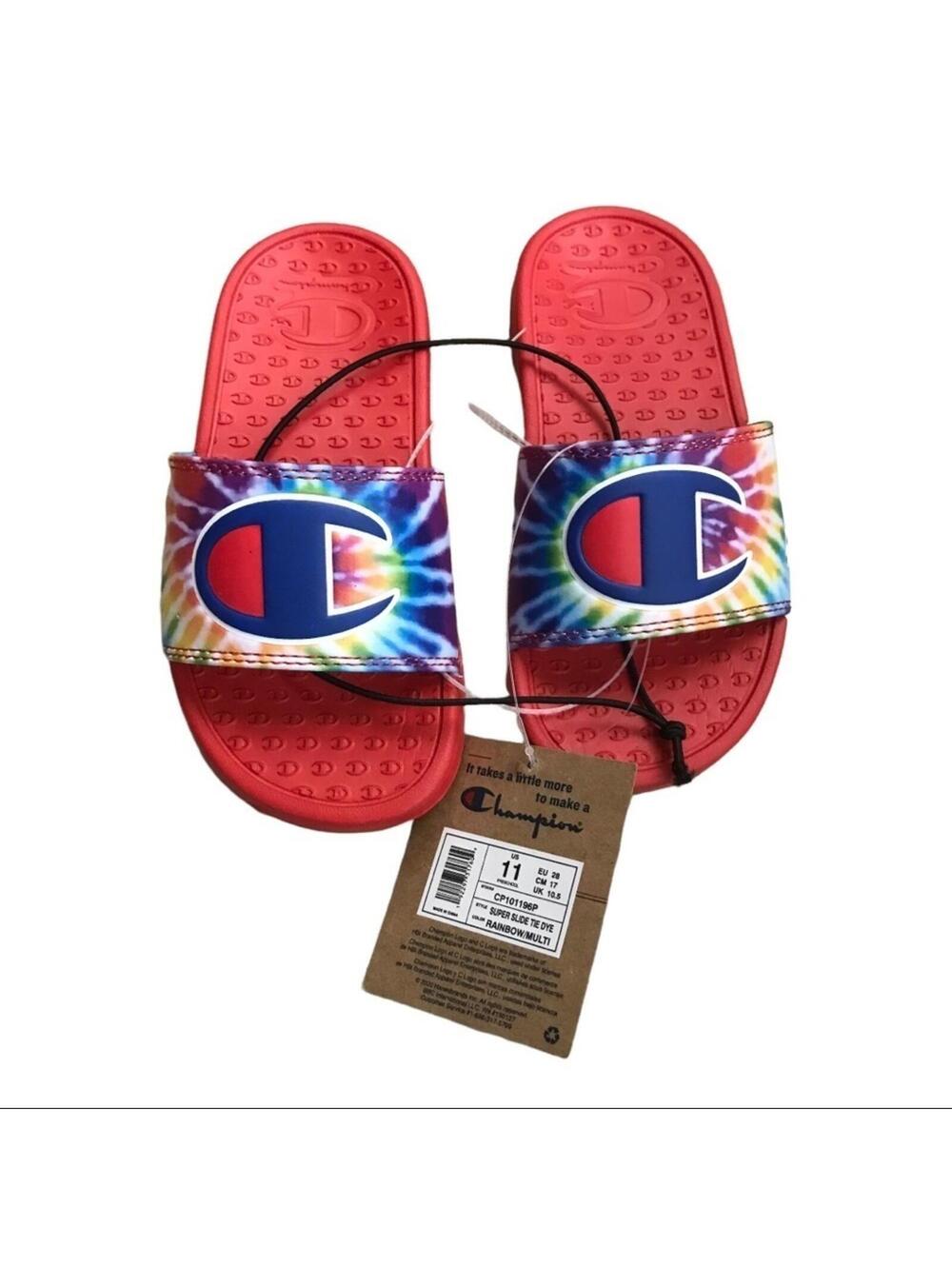 Champion Super Slide Tie Dye Rainbow Multi Preschool 11 Kids Sandals NWT Pool